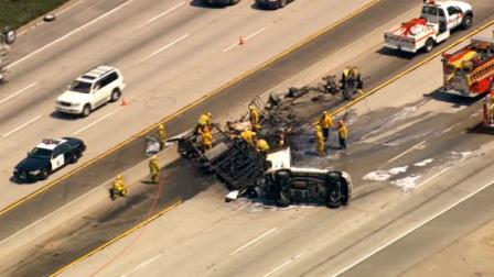 A multi-vehicle accident involving a propane truck shut down traffic on the 57 Freeway near Arrow Highway.