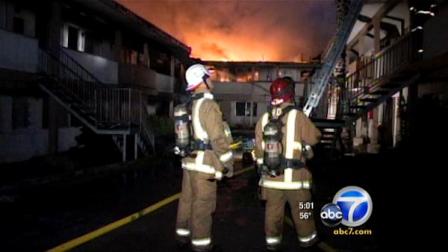 A fire ripped through an apartment complex in San Bernardino on Sunday, displacing 125 people.