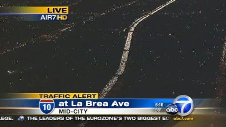 Lanes were closed on the I-10 West before La Brea Avenue after a pedestrian was hit and killed on Monday.