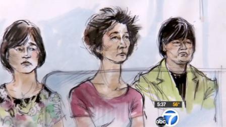 An undated court drawing shows three employees of Woody Toys who have been accused of laundering millions in drug money from Mexico and Colombia.