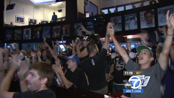 LA Kings fans are seen celebrating the team's Stanley Cup victory at a local bar Monday, June 11, 2012. The LA Kings won the Stanley Cup for the first time in franchise history with a 6-1 win over the New Jersey Devils on Monday night at Staples Center.