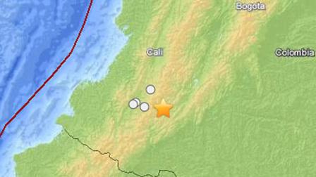 A USGS map shows the location of a 7.1-magnitude earthquake that struck Colombia 30 miles south of Popayan on Sunday, Sept. 30, 2012.