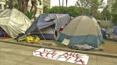 The Occupy LA encampment is seen outside Los Angeles City Hall in this undated file photo. The movement set up camp outside city hall Oct. 1, 2011.