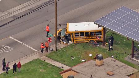 A school bus is seen after colliding with another vehicle in San Bernardino on Friday, March 8, 2013. Three people were injured, no children were on board.