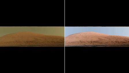 This split image shows two versions of Mars Mount Sharp. The left image shows Mount Sharp in natural Mars color, while the right shows an enhanced version in Earth lighting, with a false blue sky.