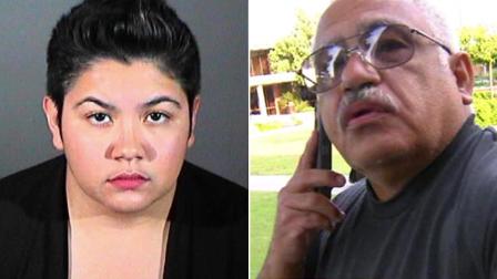 Left: Gardena hit-and-run suspect Vanessa Yanez is seen in a booking photo. Right: Her father, LAPD Sgt. Arturo Yanez, is seen during an on-camera confrontation with Eyewitness News on July 3, 2013.