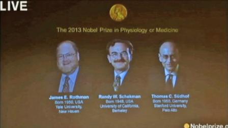Nobel Prize in medicine winners James Rothman (left) of Yale, Randy Schekman (center) of UC Berkeley and Thomas Sudhof of Stanford are seen in this picture Monday, Oct. 7, 2013.