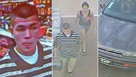 Two people suspected of grand thefts at Raging Waters in San Dimas are seen in this undated surveillance footage.