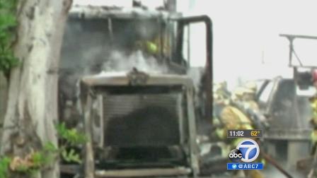 A tanker truck is seen after a fiery crash on the 710 Freeway in Commerce on Sunday, Oct. 27, 2013.