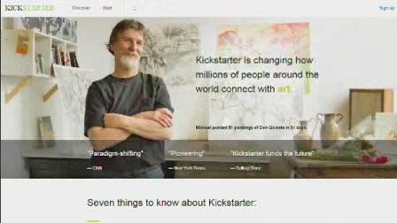 The homepage for crowdfunding site Kickstarter is seen.