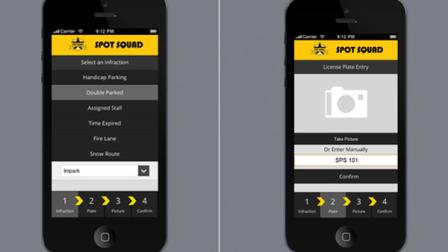 Photos of SpotSquads app to report parking violators.