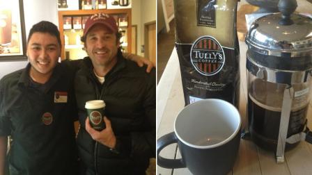 Actor Patrick Dempsey, seen in the above photo with a Tullys barista, posted these photos on his Twitter account.