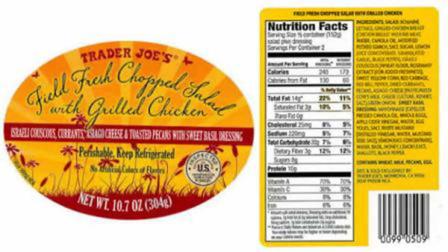 Plastic container wrappers of Trader Joes Field Fresh Chopped Salad with Grilled Chicken are seen in this undated file photo.