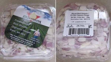 The front and back of a package of Gills Onions is shown in this photo provided by the U.S. Food and Drug Administration.