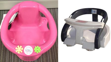 A Buy Buy Babys Idea Baby Bath Seat, left, and a BeBeLove E-Zee Bath Seat, right, are seen in undated file photos.