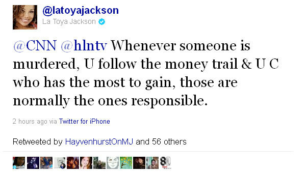 Screenshot of a La Toya Jackson (@latoyajackson) tweet during trial of Michael Jackson's doctor, Conrad Murray, on Tuesday, Sept. 27, 2011.
