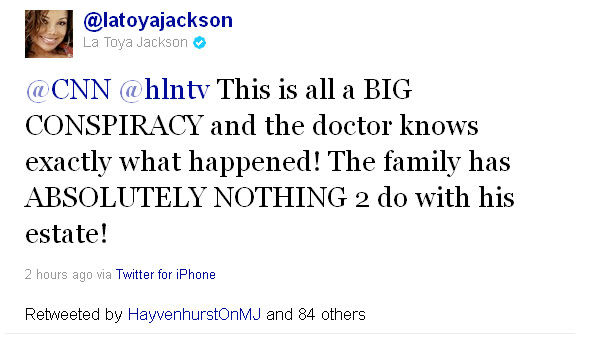 Screenshot of a La Toya Jackson (@latoyajackson) tweet during trial of Michael Jackson's doctor, Conrad Murray, on Tuesday, Sept. 27, 2011.
