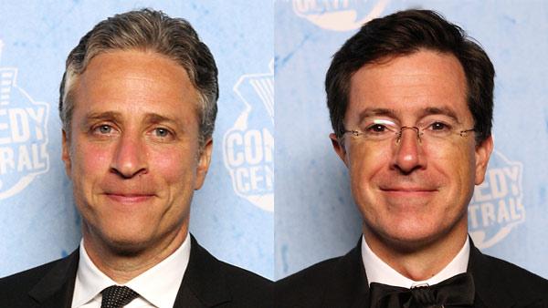 Jon Stewart and Stephen Colbert pose at the Comedy Central party, Sunday, Sept. 16, 2007, in Los Angeles.