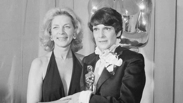 Presenter Lauren Bacall is seen with winner of Oscar for Best Costume Design, Theoni V. Aldredge, for the movie 'The Great Gatsby' at the Academy Awards in Los Angeles Tuesday April 8, 1975. Aldredge died Friday, Jan. 21, 2011 at 78 years old.