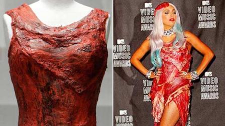 (Left) In this photo taken June 14, 2011, the dress made of meat worn by Lady Gaga at the 2010 MTV Video Music Awards is shown in the museums vault. (Right) Lady Gaga appears in a meat dress at the 2010 MTV Video Music Awards on Sept. 12, 2010.