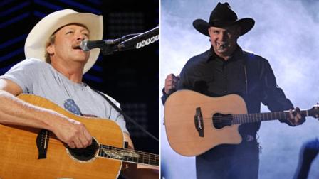(Left) Alan Jackson performs in this undated file photo. (Right) In this Jan. 25, 2008 file photo country singer Garth Brooks performs during a charity concert to benefit the Southern California 2008 Fire Intervention Relief Effort in L.A.