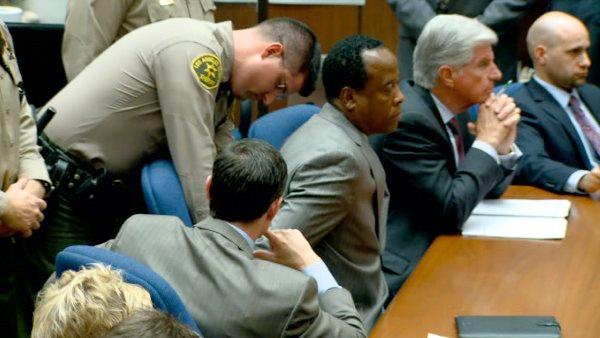 Dr. Conrad Murray is remanded into custody after the jury returns with a guilty verdict in his involuntary manslaughter trial Monday, Nov. 7, 2011.