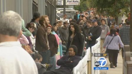 A long line formed outside the Pantages Theatre on Sunday, June 10, 2012 as tickets for the West Coast premiere of The Book of Mormon went on sale.