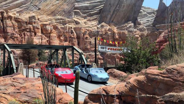 Radiator Springs Racers in Cars Land, shown here during testing, is a twisting turning, high-speed adventure through Ornament Valley and the town of Radiator Springs.