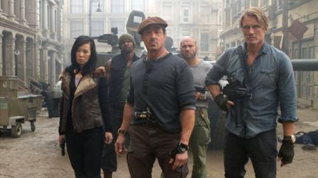 A still of Sylvester Stallone, Jason Statham, Terry Crews, Nan Yu and Randy Couture in the 2012 film The Expendables 2.