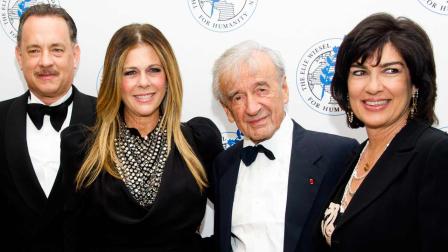 Honoree Tom Hanks, left, Rita Wilson, Elie Wiesel and Christiane Amanpour attend The Elie Wiesel Foundation For Humanitys Arts for Humanity Gala on Wednesday, Oct. 17, 2012 in New York.
