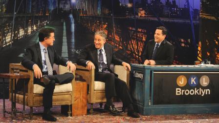 Jon Stewart and Stephen Colbert appear on Jimmy Kimmel Live! on Thursday, Nov. 1, 2012.