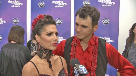 Dancing With The Stars competitors Melissa Rycroft and partner Tony Dovolani are seen after scoring perfect 30s on Monday, Nov. 12, 2012.