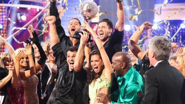 Reality star Melissa Rycroft and her partner Tony Dovolani react to winning on the 'Dancing With The Stars: All-Stars' finale on November 27, 2012.