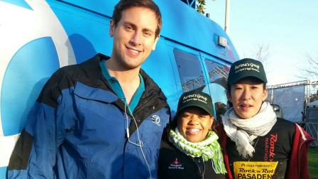 Chandra Wilson and Sandra Oh from the ABC medical drama Greys Anatomy pose with ABC7 photographer Sean Patrick Lewis at the annual Rock n Roll Half Marathon in Pasadena on Sunday, Feb. 17, 2013.