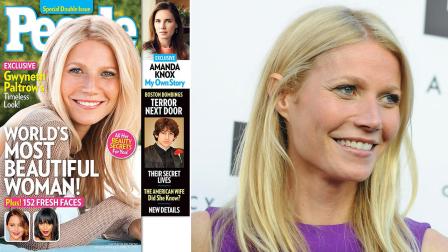 Gwyneth Paltrow appears on the cover of People magazine, left, and is shown arriving at the opening of the Tracy Anderson flagship studio on Thursday, April 4, 2013 in Los Angeles.