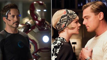 Left: Robert Downey Jr. appears in a scene from Iron Man 3. Right: Leonardo DiCaprio and Carey Mulligan appear in a scene from The Great Gatsby.