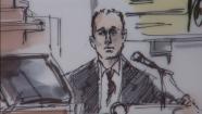 Artist rendering shows AEG Vice President Shawn Trell on the stand in the Michael Jackson wrongful death trial on Wednesday, May 22, 2013.