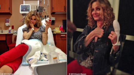 Actress Kyra Sedgwick appears in two photos posted by her husband, actor Kevin Bacon on his WhoSay account, following a kitchen mishap, where the Sedgwick cut off her fingertip.