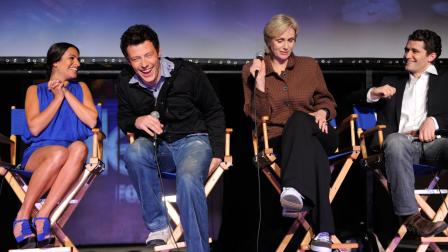 Lea Michele, Cory Monteith, Jane Lynch and Matthew Morrison at the Los angeles premiere of Glee at Santa Monica High School on May 11, 2009, in Santa Monica, Calif.
