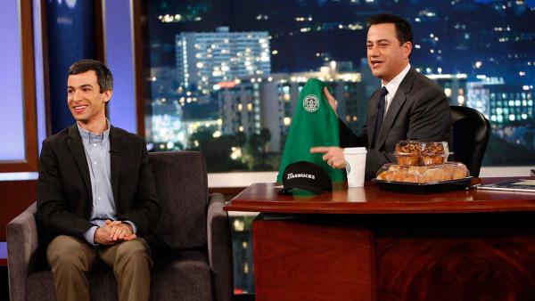 Dumb Starbucks owner and comedian Nathan Fielder appears on Jimmy Kimmel Live on Tuesday, Feb. 12, 2014. - Provided courtesy of KABC / ABC - Randy Holmes Dumb Starbucks owner and comedian Nathan Fielder appears on Jimmy Kimmel Live on Tuesday, Feb. 12, 2014. - Provided courtesy of KABC / ABC - Randy Holmes