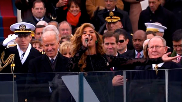 Beyonce performs the national anthem after President Barack Obama's ceremonial swearing-in ceremony during the 57th Presidential Inauguration.