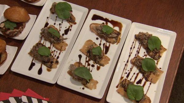 Michael McCarty, owner of Michael's in Santa Monica, says to serve lots of little things for variety and simplicity, such as  duck confit on crostini.