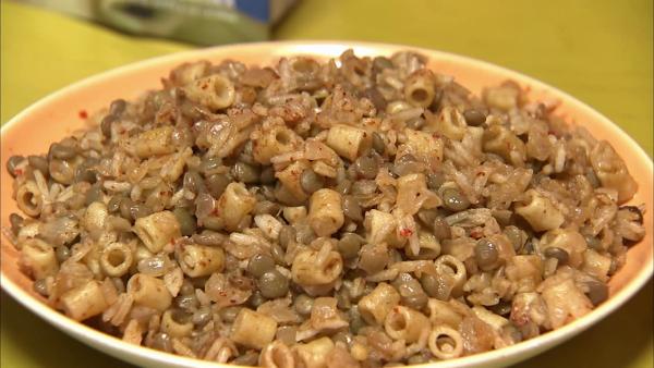 Chef Susan Feniger's Egyptian Bus Stop Kushary is made with lentils, rice, tiny macaroni with olive oil and cumin. It is spicy and filling.
