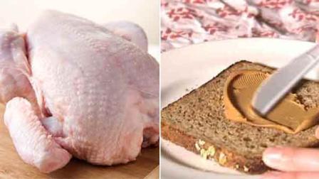 (Left) A raw chicken is shown in this undated file photo. (Right) Peanut butter is spread on a piece of toast in this undated file photo.