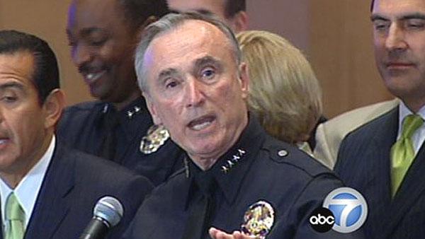 Former LAPD Chief William Bratton is seen at a news conference at the 77th Street Division on March 22, 2008.