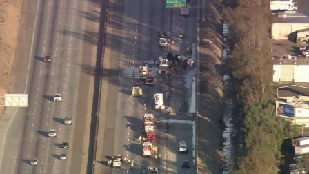 A tanker truck overnturned on the westbound 10 Freeway in Bloomington on Friday, June 29, 2012.