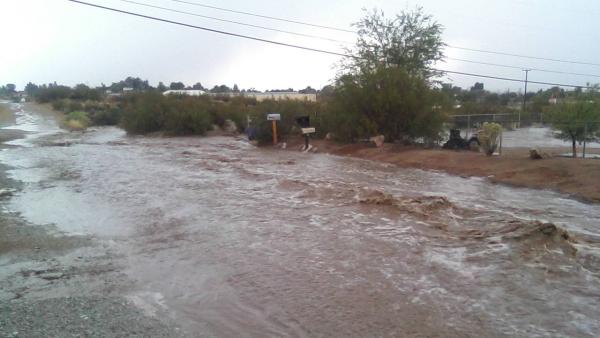 A flooded street is seen in Apple Valley in this photo sent by ABC7 viewer Tanya Gomez on Friday, Aug. 17, 2012.