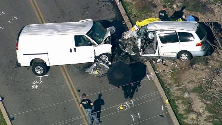 A head-on collision between two vehicles in Redlands left three people dead and six others injured on Thursday, Jan. 17, 2013.