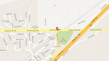 A map indicates the area near Duncan Canyon and Roadrunner roads in Fontana where two men were arrested for suspected arson and battery after assaulting a firefighter on Wednesday, Jan. 23, 2013.