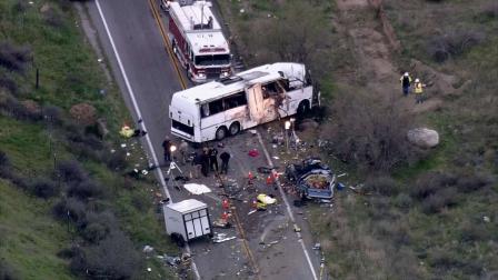 An aerial view of the scene of a deadly tour bus crash on State Route 38 north of Yucaipa that took place on Sunday, Feb. 3, 2013. Eight people were killed and 38 others were hurt.